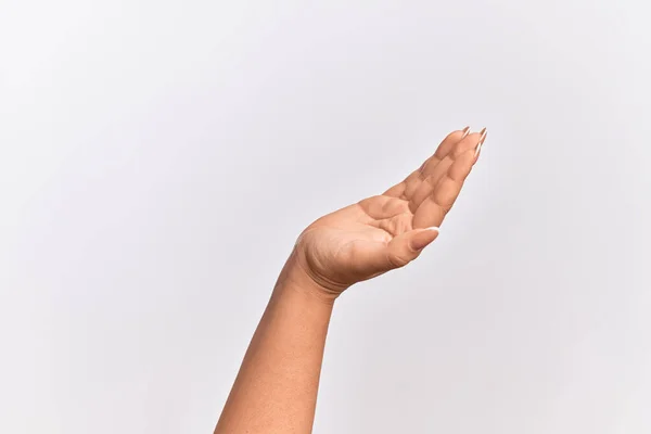 Mão Jovem Caucasiana Apresentando Com Palma Aberta Buscando Apoio Ajuda — Fotografia de Stock