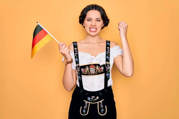 Young Patriotic German Woman Blue Eyes Wearing Octoberfest Dress Holding — Stock Photo, Image