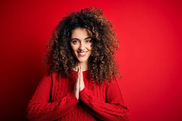 Young Beautiful Woman Curly Hair Piercing Wearing Casual Red Sweater — Stock Photo, Image