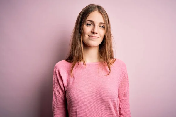 Young Beautiful Redhead Woman Wearing Casual Sweater Isolated Pink Background — Stock Photo, Image