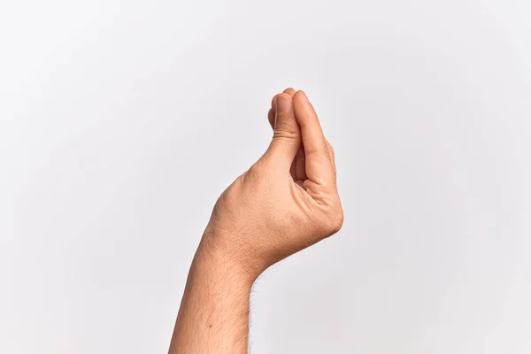 Hand Des Kaukasischen Jungen Mannes Zeigt Finger Über Isoliertem Weißem — Stockfoto