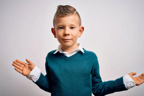 Young Little Caucasian Kid Blue Eyes Standing Wearing Elegant Clothes — Stock Photo, Image