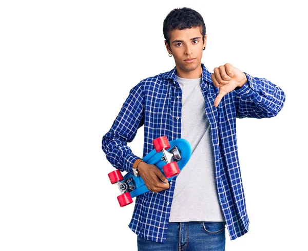 Young African Amercian Man Holding Skate Angry Face Negative Sign — Stock Photo, Image