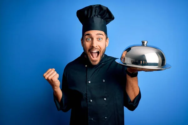 Young Cooker Man Beard Wearing Uniform Holding Tray Dome Blue — Stock Photo, Image