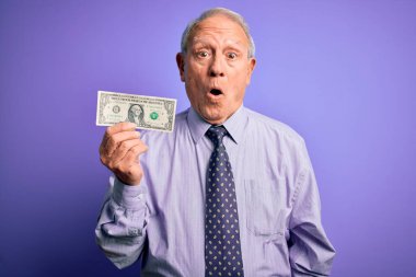 Yaşlı gri saçlı adam elinde mor arka planda bir dolarlık banknot tutuyordu. Şaşırmış bir yüzle korkmuş ve korku ifadesinden korkmuştu.