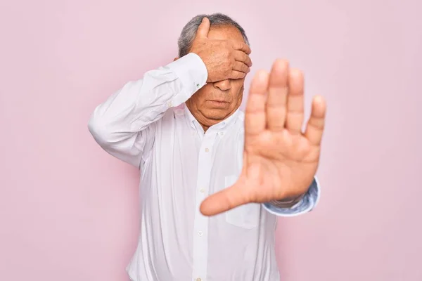Senior Handsome Grey Haired Man Wearing Elegant Shirt Isolated Pink — Stock Photo, Image
