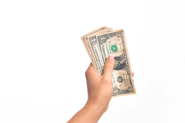 Hand Eines Kaukasischen Jungen Mannes Mit Einem Bündel Dollarnoten Vor — Stockfoto