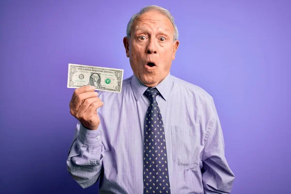 Starszy Siwowłosy Mężczyzna Trzymający Banknot Dolarowy Fioletowym Tle Przerażony Zaskakującą — Zdjęcie stockowe
