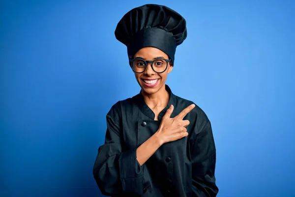 Young African American Chef Woman Wearing Cooker Uniform Hat Blue — Stock Photo, Image