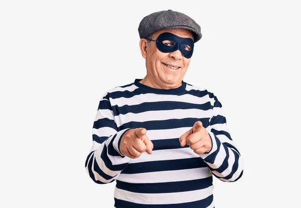 Senior Handsome Man Wearing Burglar Mask Shirt Pointing Fingers Camera — Stock Photo, Image