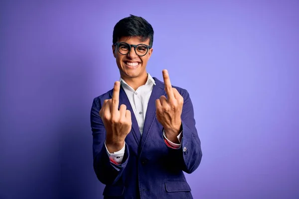 Young Handsome Business Man Wearing Jacket Glasses Isolated Purple Background — Φωτογραφία Αρχείου