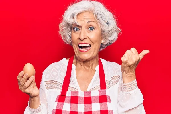 Senior Grey Haired Woman Wearing Apron Holding Egg Pointing Thumb — Stock Photo, Image