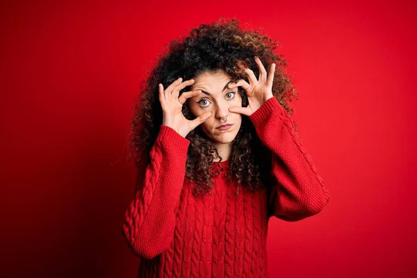 Young Beautiful Woman Curly Hair Piercing Wearing Casual Red Sweater — Stock Photo, Image