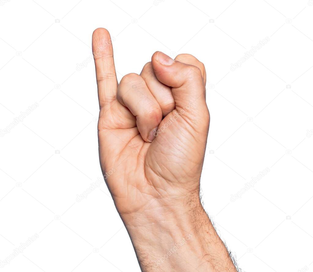 Hand of caucasian middle age man over isolated white background showing little finger as pinky promise commitment, number one