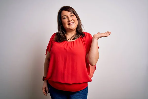 Beautiful Brunette Size Woman Wearing Casual Red Shirt Isolated White — Stock Photo, Image