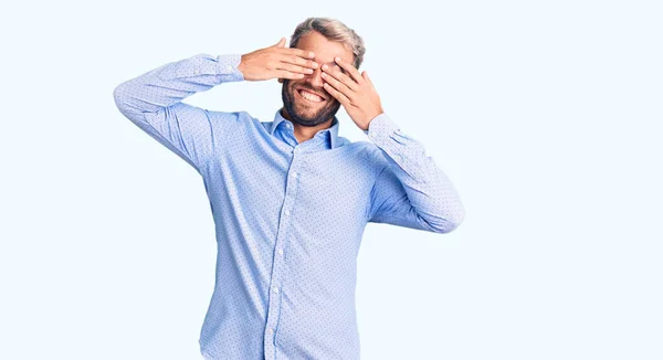 Young Handsome Blond Man Wearing Elegant Shirt Covering Eyes Hands — Stock Photo, Image