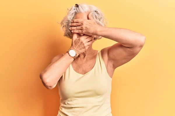 Senior Grey Haired Woman Wearing Casual Clothes Covering Eyes Mouth — Stock Photo, Image