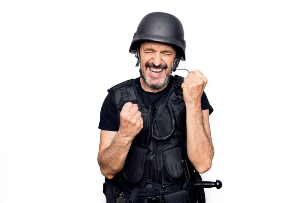 Middle Age Handsome Policeman Wearing Police Bulletproof Vest Security Helmet — Stock Photo, Image