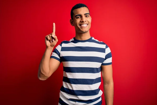 Handsome African American Man Wearing Casual Striped Shirt Standing Red — Stock Photo, Image