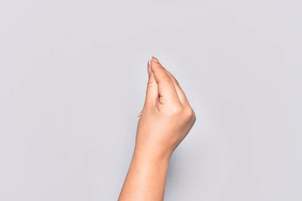 Mão Jovem Caucasiana Segurando Espaço Branco Com Dedo Polegar Negócios — Fotografia de Stock