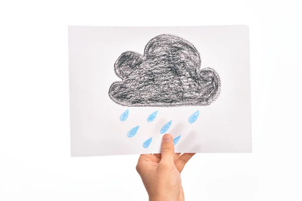 Holding Paper Sheet Drawing Dark Cloud Drops Raining Forecast Weather — Stock Photo, Image