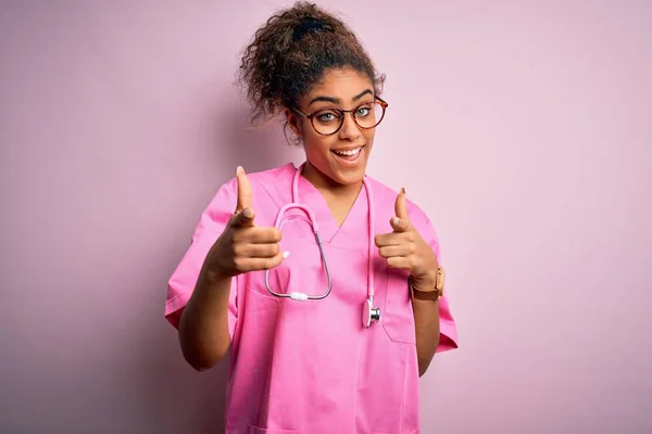African American Nurse Girl Wearing Medical Uniform Stethoscope Pink Background — Stock Photo, Image