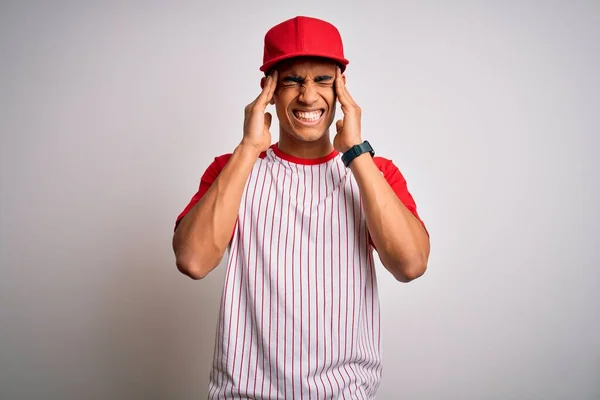 Joven Atleta Afroamericano Guapo Usando Camiseta Béisbol Rayas Gorra Con —  Fotos de Stock