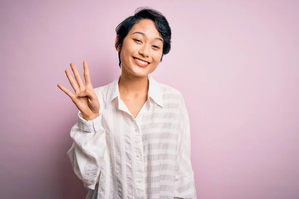 Jong Mooi Aziatisch Meisje Dragen Casual Shirt Staande Geïsoleerde Roze — Stockfoto