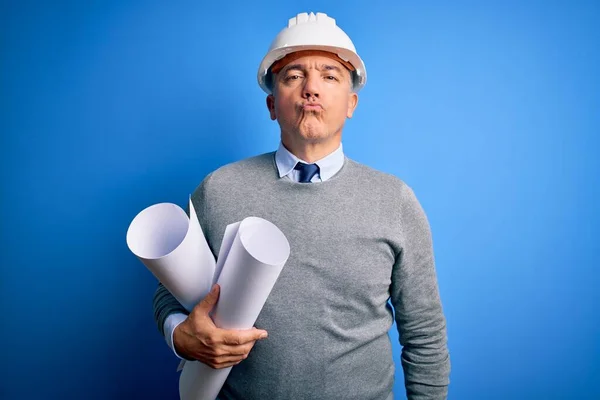 Hombre Guapo Arquitecto Pelo Gris Mediana Edad Con Casco Seguridad —  Fotos de Stock