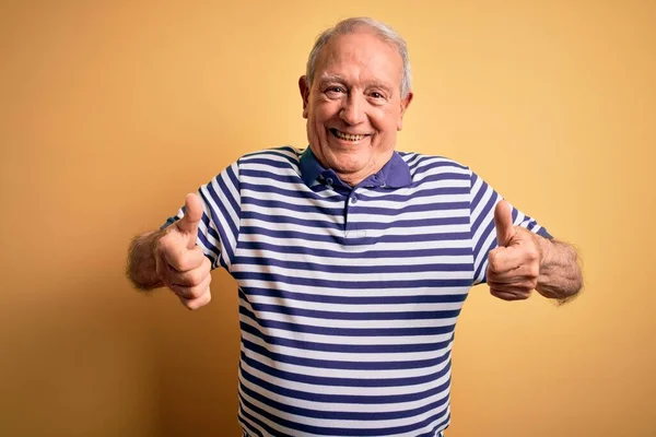 Grey Haired Senior Man Wearing Casual Navy Striped Shirt Standing — Stock Photo, Image