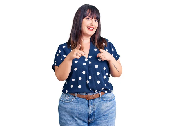 Young Size Woman Wearing Casual Clothes Pointing Fingers Camera Happy — Stock Photo, Image