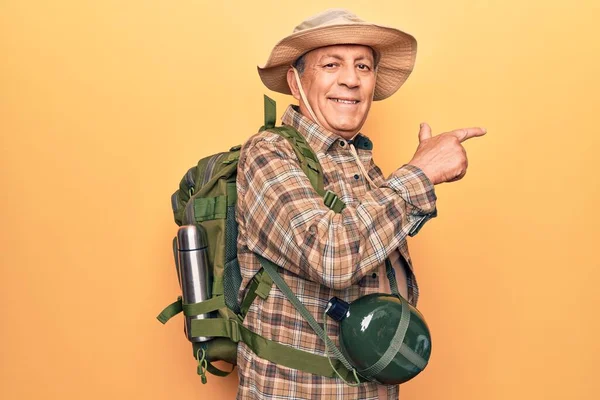 Senior Man Grey Hair Wearing Hiker Backpack Water Canteen Smiling — Stock Photo, Image