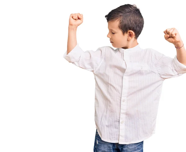 Criança Loira Bonito Vestindo Camisa Elegante Mostrando Músculos Braços Sorrindo — Fotografia de Stock