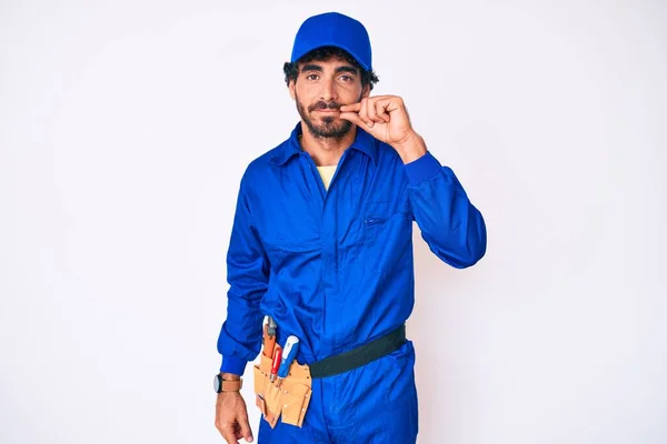 Handsome Young Man Curly Hair Bear Weaing Handyman Uniform Mouth — Stock Photo, Image