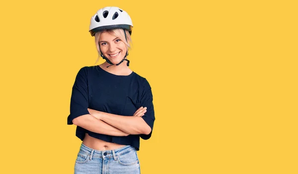 Young Beautiful Blonde Woman Wearing Bike Helmet Happy Face Smiling — Stock Photo, Image