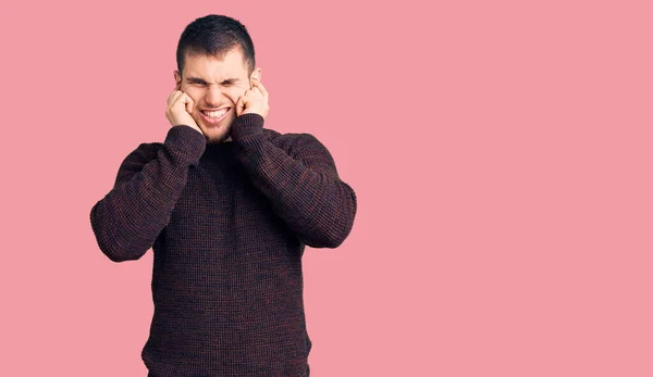 Young Handsome Man Wearing Casual Sweater Covering Ears Fingers Annoyed — Stock Photo, Image