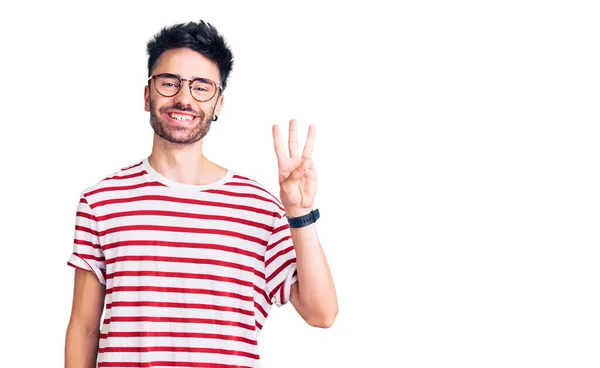 Young Hispanic Man Wearing Casual Clothes Showing Pointing Fingers Number — Stock Photo, Image