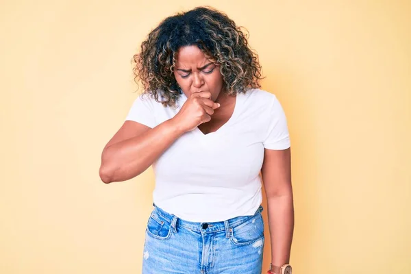 Young African American Size Woman Wearing Casual White Tshirt Feeling — Stock Photo, Image