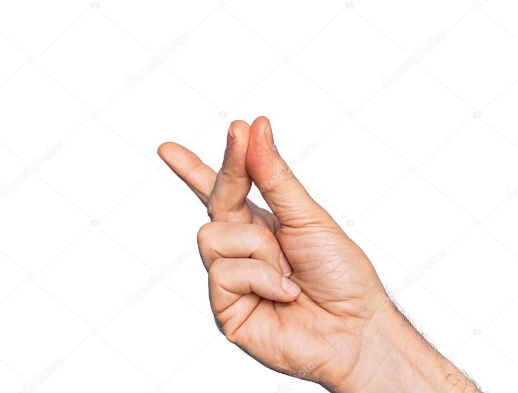 Hand of caucasian middle age man over isolated white background snapping fingers for success, easy and click symbol gesture with hand