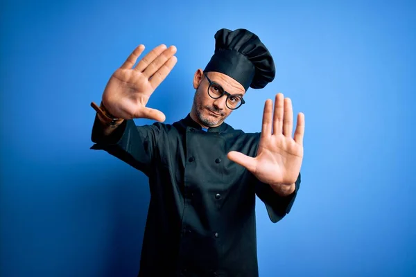 Young Handsome Chef Man Wearing Cooker Uniform Hat Isolated Blue — Stock Photo, Image