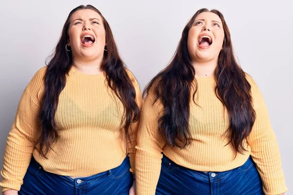 Young Size Twins Wearing Casual Clothes Angry Mad Screaming Frustrated — Stock Photo, Image