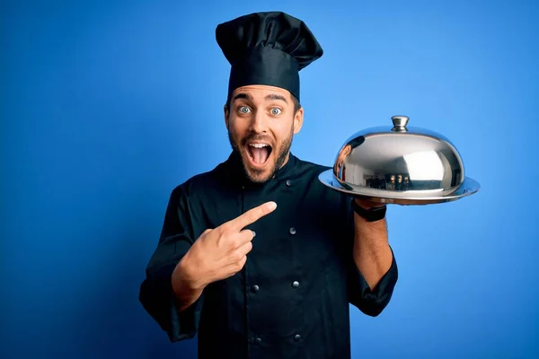 Young Cooker Man Beard Wearing Uniform Holding Tray Dome Blue — Stock Photo, Image