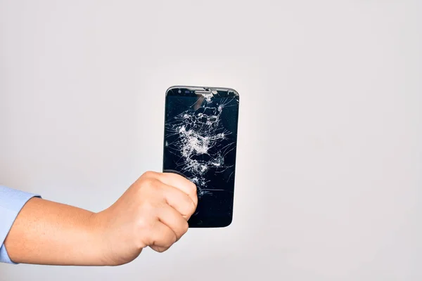 Hand Caucasian Young Woman Holding Broken Smartphone Showing Craked Screen — Stock Photo, Image