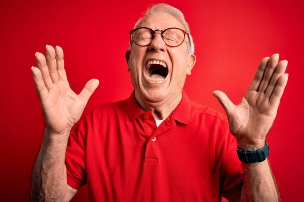 Gri Saçlı Gözlüklü Kırmızı Arka Planda Rahat Tişörtlü Çılgın Başarıyı — Stok fotoğraf