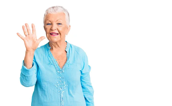 Senior Beautiful Woman Blue Eyes Grey Hair Wearing Summer Dress — Stock Photo, Image