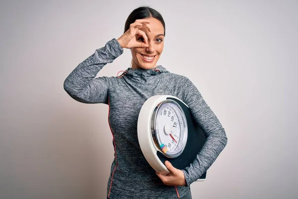 Junge Fitness Frau Sportkleidung Hält Waage Für Gesundes Gewicht Mit — Stockfoto