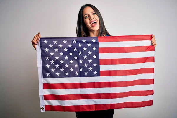 Ung Vacker Brunett Patriotisk Kvinna Med Blå Ögon Ler Glad — Stockfoto