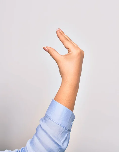 Hand Van Kaukasische Jonge Vrouw Doen Vangen Teken Geïsoleerde Witte — Stockfoto