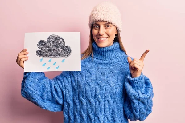 Young Beautiful Woman Holding Rain Draw Smiling Happy Pointing Hand — ストック写真