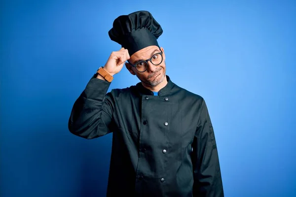 Young Handsome Chef Man Wearing Cooker Uniform Hat Isolated Blue — Stock Photo, Image